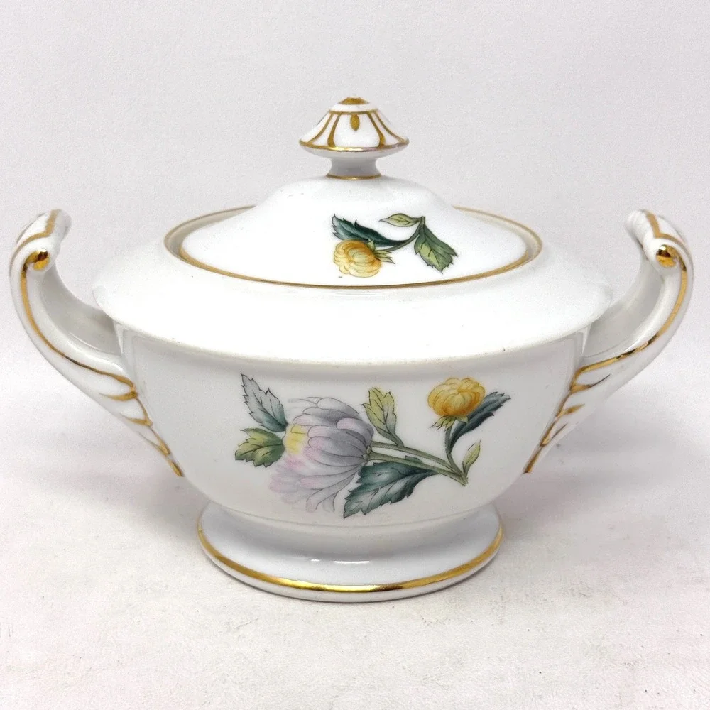 Sango Japan Chrysanthemum Lidded Sugar Bowl Gold Trim Floral Porcelain Vintage